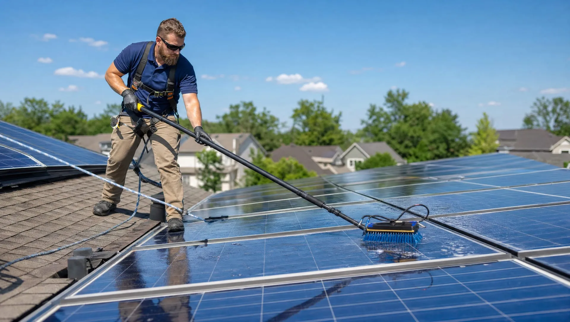 Technician cleaning rooftop solar panels