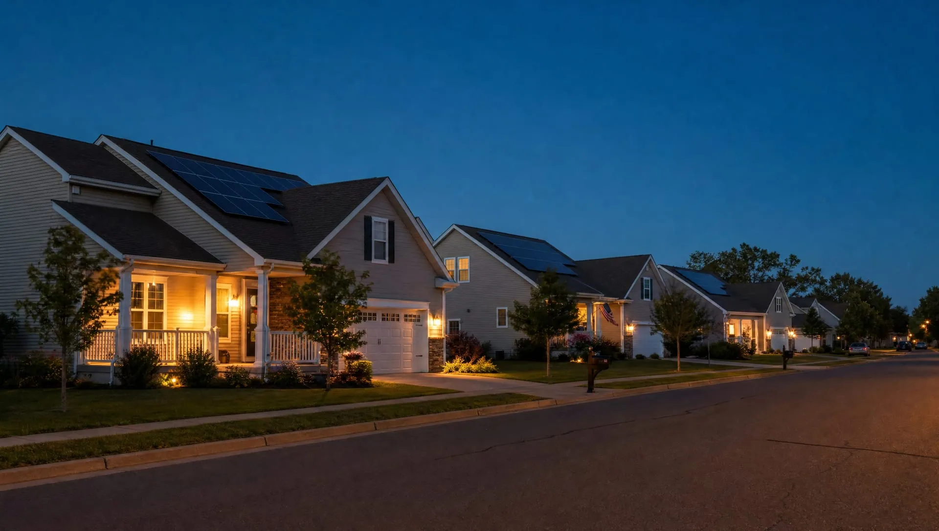 Midwestern neighborhood street at dusk with rooftop solar panels