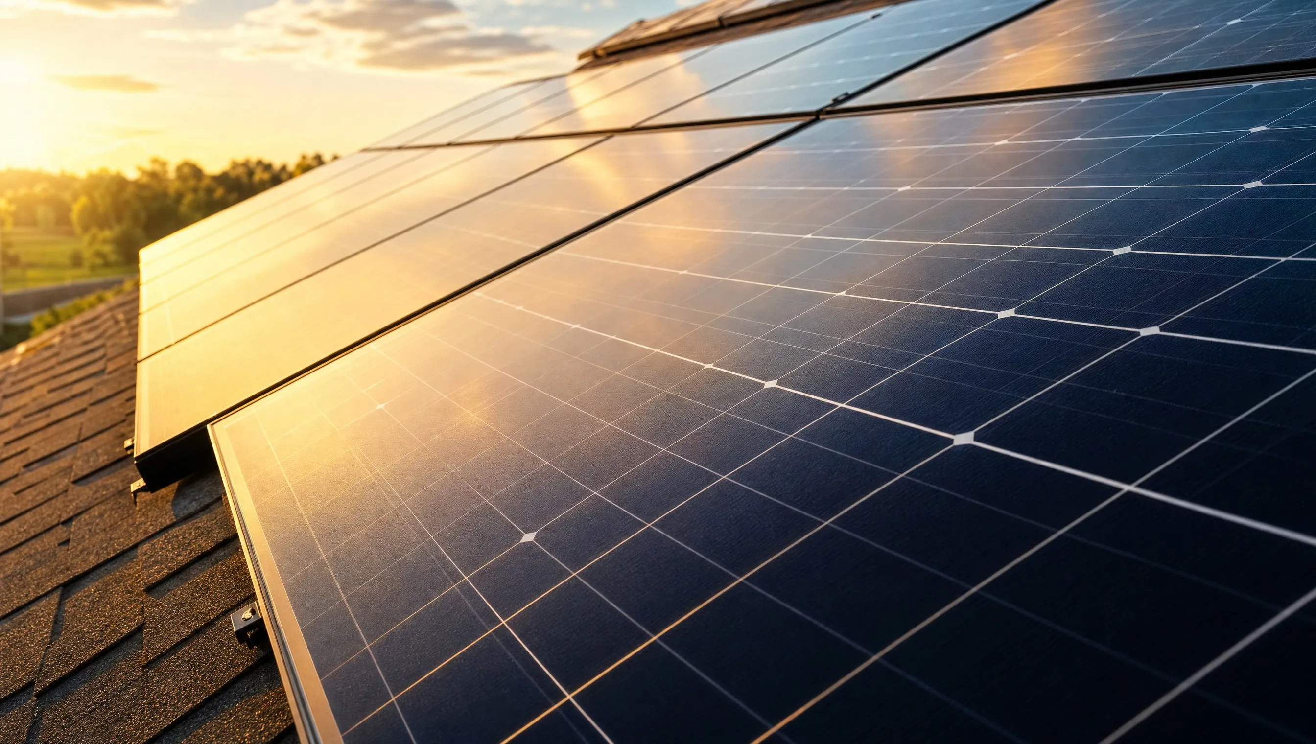 Closeup of perfectly clean rooftop solar panels at golden hour