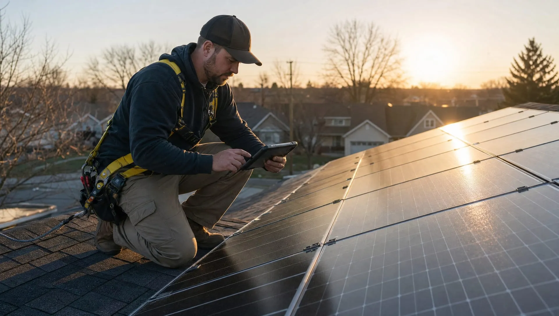 Solar Scapes technician inspecting rooftop panels with a tablet